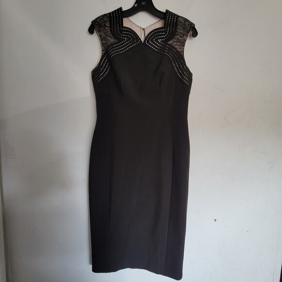 Karen Millen Black Cap Sleeve Striped Floral Lace Sheath Dress Size 8 - Picture 1 of 14